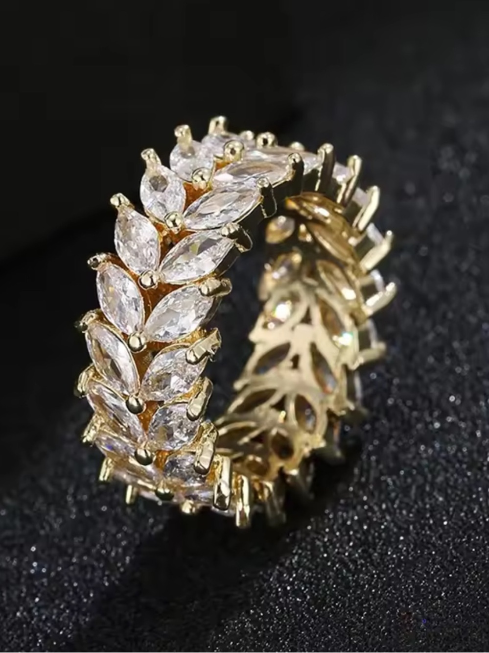 Gold Plated Leaf Marquise CZ Eternity Ring - Women's Jewelry